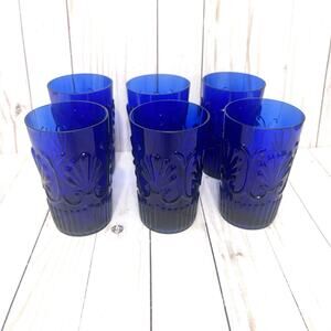 Rare Baroque Revival Cobalt Blue Pressed Glass Tumblers MCM Portuguese Style (6)